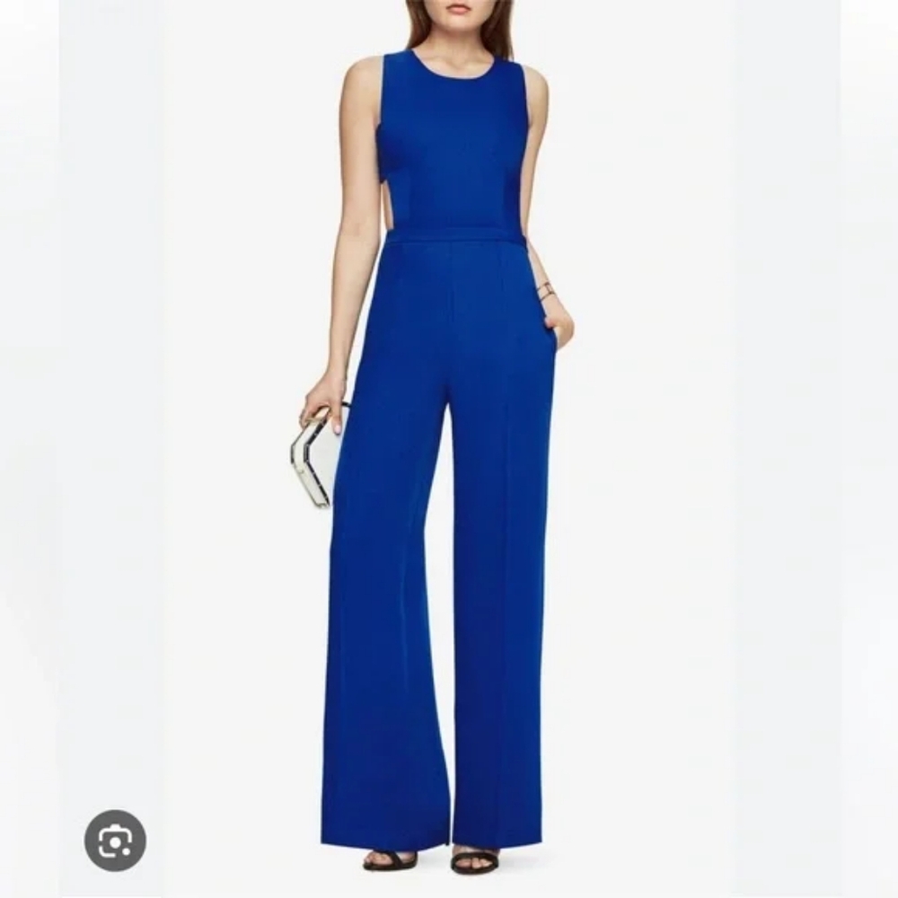 NWT BCBG MaxAzria Rossana in Royal Blue Satin Wide Leg Cutout Jumpsuit 0 x 32